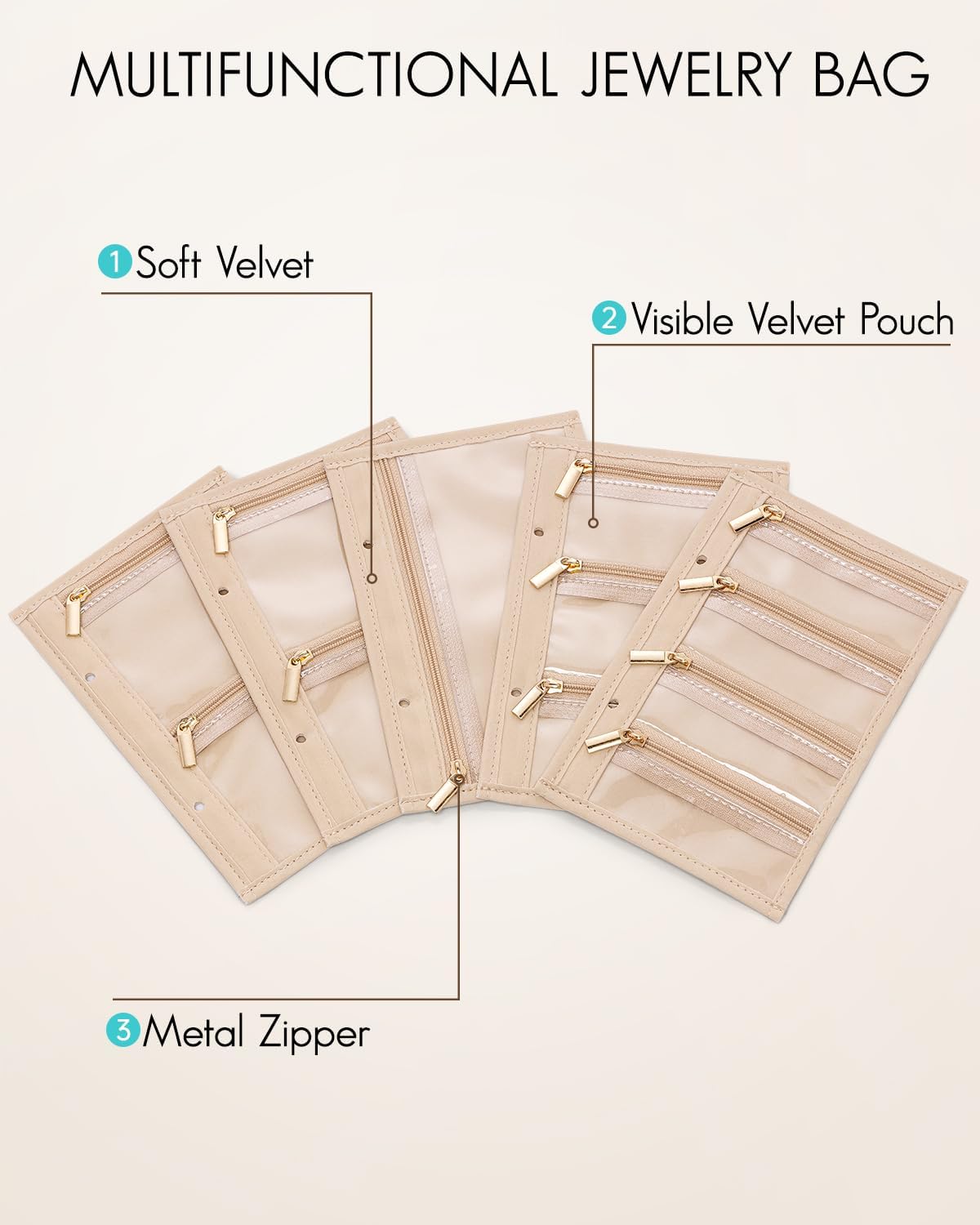 Travel Jewelry Organizer Case,Valentines Gift,Jewelry Storage Book Ring Binder with Clear Zipper Velvet Jewelry Pouches Bags for Rings,Necklace,Earrings-Cream White