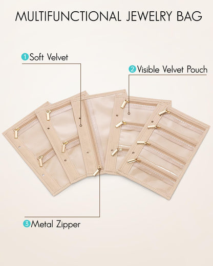 Travel Jewelry Organizer Case,Valentines Gift,Jewelry Storage Book Ring Binder with Clear Zipper Velvet Jewelry Pouches Bags for Rings,Necklace,Earrings-Cream White