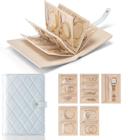 Travel Jewelry Organizer Case,Valentines Gift,Jewelry Storage Book Ring Binder with Clear Zipper Velvet Jewelry Pouches Bags for Rings,Necklace,Earrings-Cream White