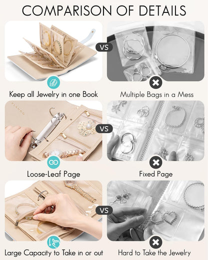 Travel Jewelry Organizer Case,Valentines Gift,Jewelry Storage Book Ring Binder with Clear Zipper Velvet Jewelry Pouches Bags for Rings,Necklace,Earrings-Cream White