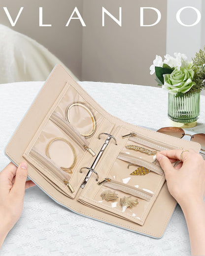 Travel Jewelry Organizer Case,Valentines Gift,Jewelry Storage Book Ring Binder with Clear Zipper Velvet Jewelry Pouches Bags for Rings,Necklace,Earrings-Cream White