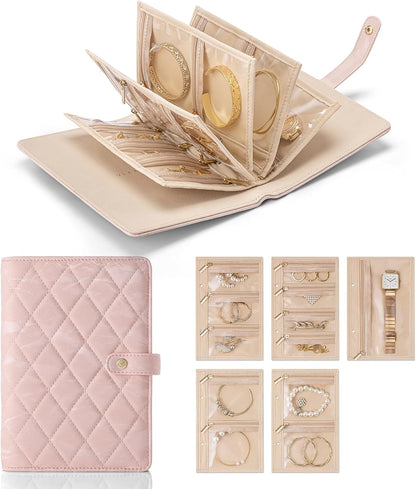 Travel Jewelry Organizer Case,Valentines Gift,Jewelry Storage Book Ring Binder with Clear Zipper Velvet Jewelry Pouches Bags for Rings,Necklace,Earrings-Cream White