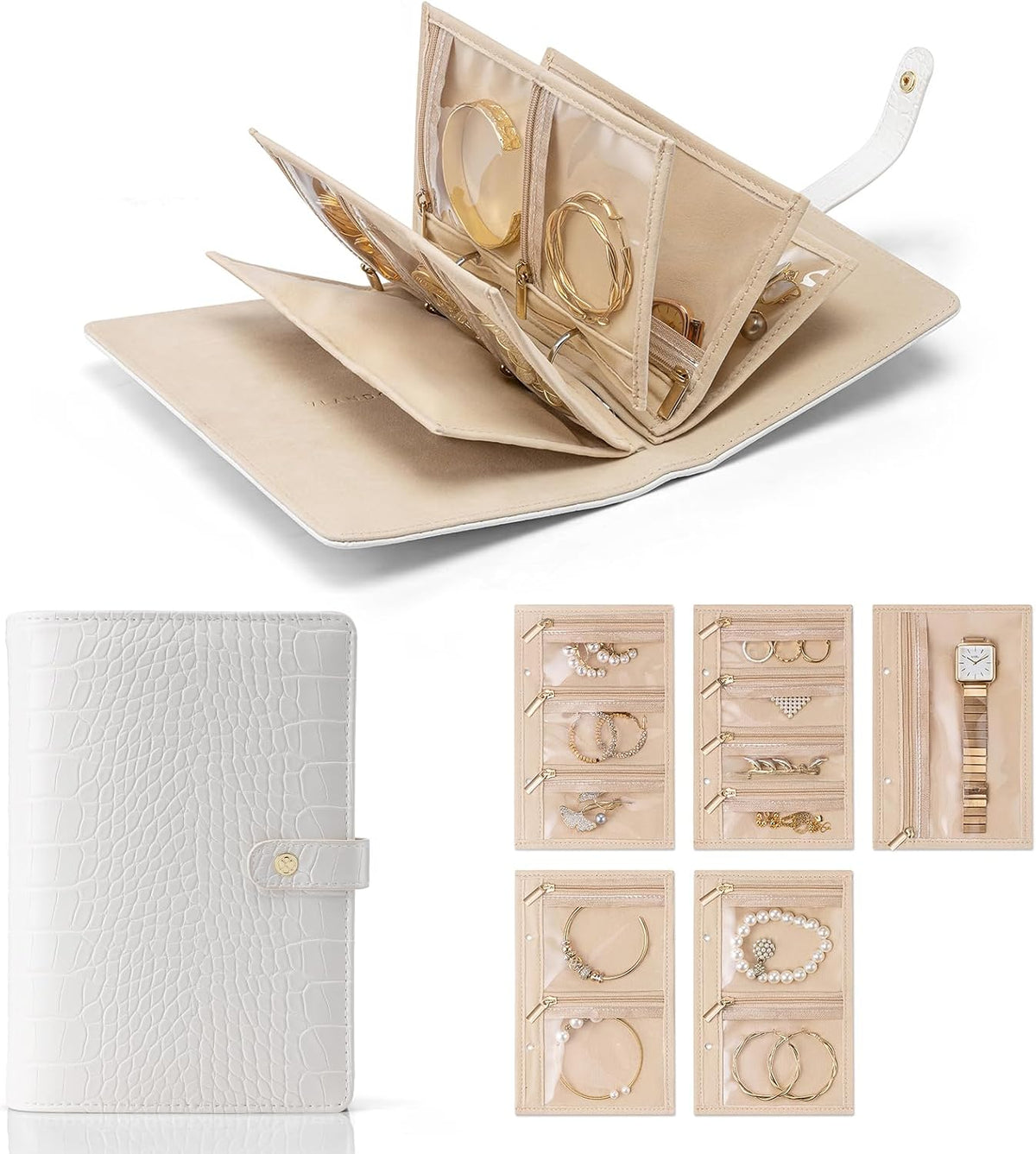 Travel Jewelry Organizer Case,Valentines Gift,Jewelry Storage Book Ring Binder with Clear Zipper Velvet Jewelry Pouches Bags for Rings,Necklace,Earrings-Cream White