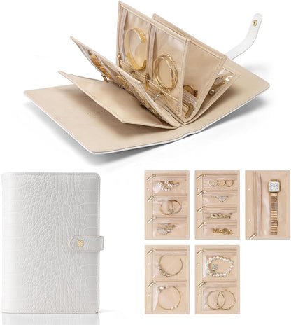 Travel Jewelry Organizer Case,Valentines Gift,Jewelry Storage Book Ring Binder with Clear Zipper Velvet Jewelry Pouches Bags for Rings,Necklace,Earrings-Cream White