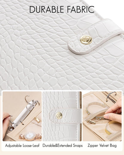 Travel Jewelry Organizer Case,Valentines Gift,Jewelry Storage Book Ring Binder with Clear Zipper Velvet Jewelry Pouches Bags for Rings,Necklace,Earrings-Cream White