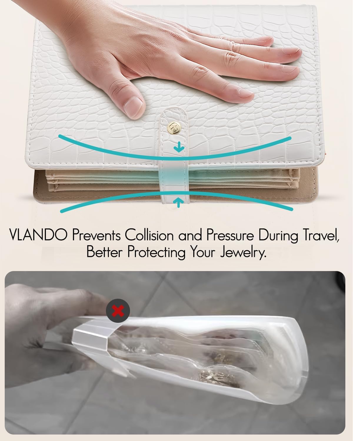 Travel Jewelry Organizer Case,Valentines Gift,Jewelry Storage Book Ring Binder with Clear Zipper Velvet Jewelry Pouches Bags for Rings,Necklace,Earrings-Cream White