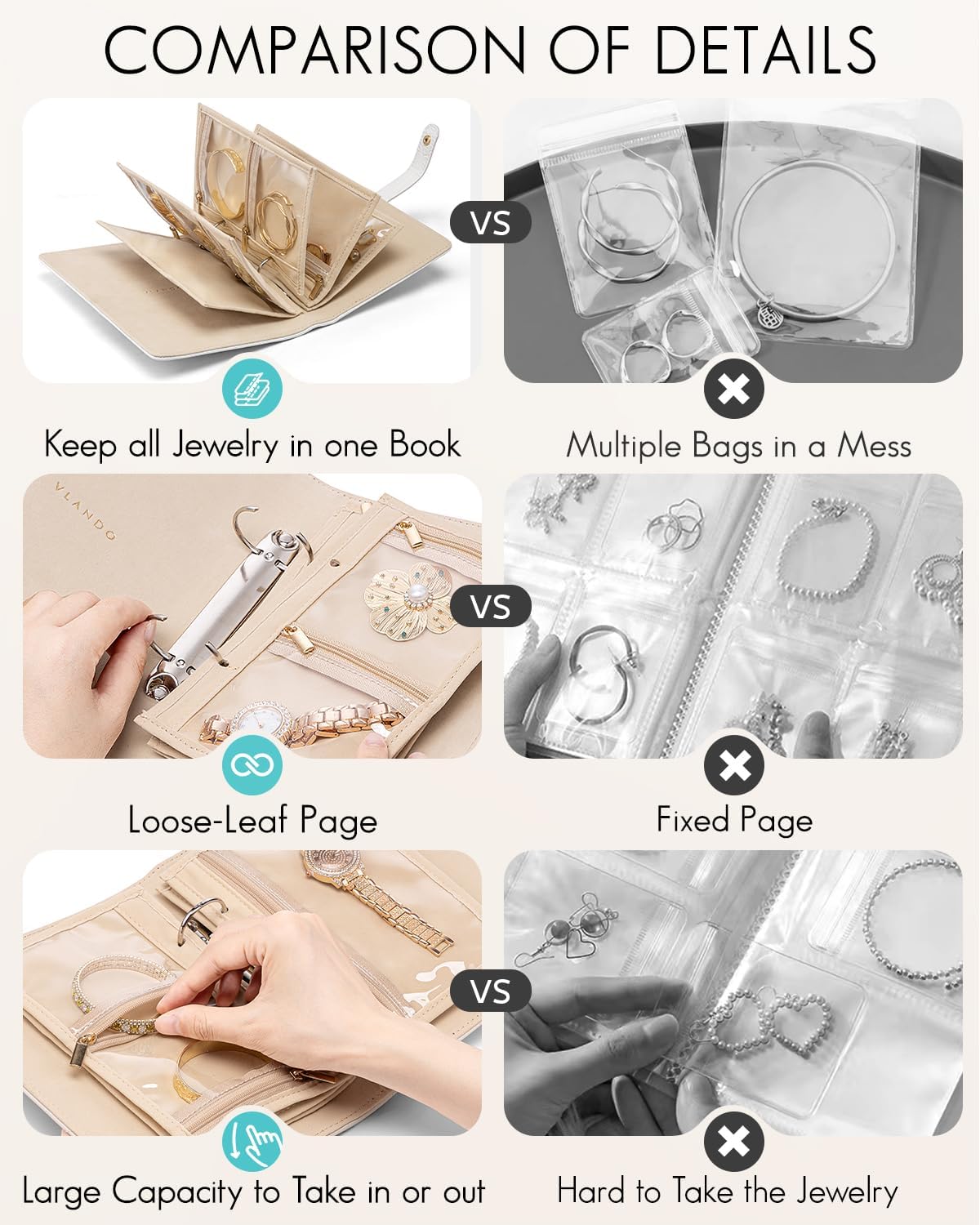 Travel Jewelry Organizer Case,Valentines Gift,Jewelry Storage Book Ring Binder with Clear Zipper Velvet Jewelry Pouches Bags for Rings,Necklace,Earrings-Cream White