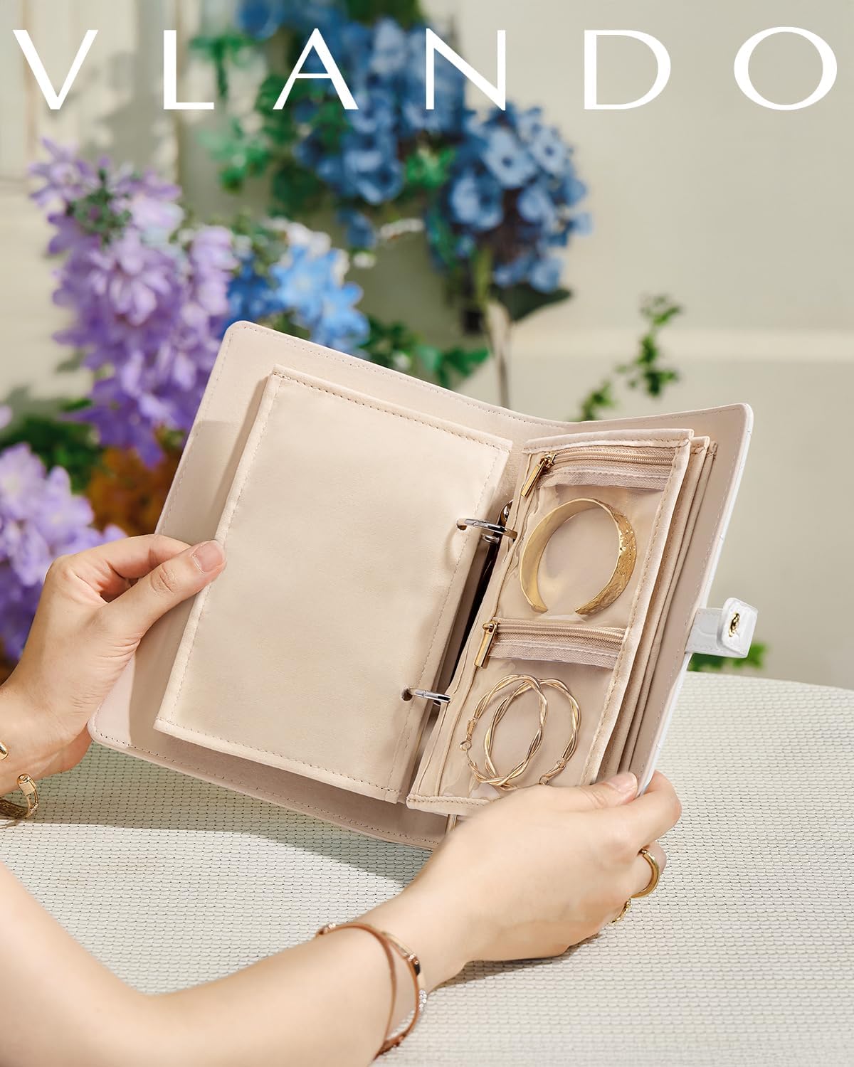 Travel Jewelry Organizer Case,Valentines Gift,Jewelry Storage Book Ring Binder with Clear Zipper Velvet Jewelry Pouches Bags for Rings,Necklace,Earrings-Cream White