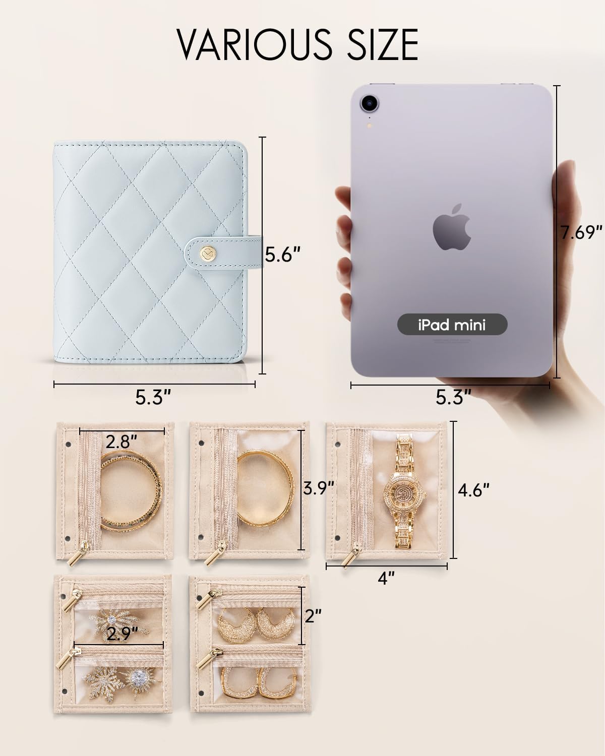 Travel Jewelry Organizer Case,Valentines Gift,Jewelry Storage Book Ring Binder with Clear Zipper Velvet Jewelry Pouches Bags for Rings,Necklace,Earrings-Cream White