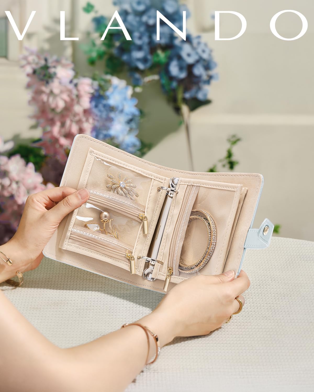 Travel Jewelry Organizer Case,Valentines Gift,Jewelry Storage Book Ring Binder with Clear Zipper Velvet Jewelry Pouches Bags for Rings,Necklace,Earrings-Cream White