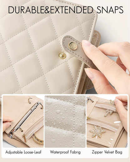 Travel Jewelry Organizer Case,Valentines Gift,Jewelry Storage Book Ring Binder with Clear Zipper Velvet Jewelry Pouches Bags for Rings,Necklace,Earrings-Cream White