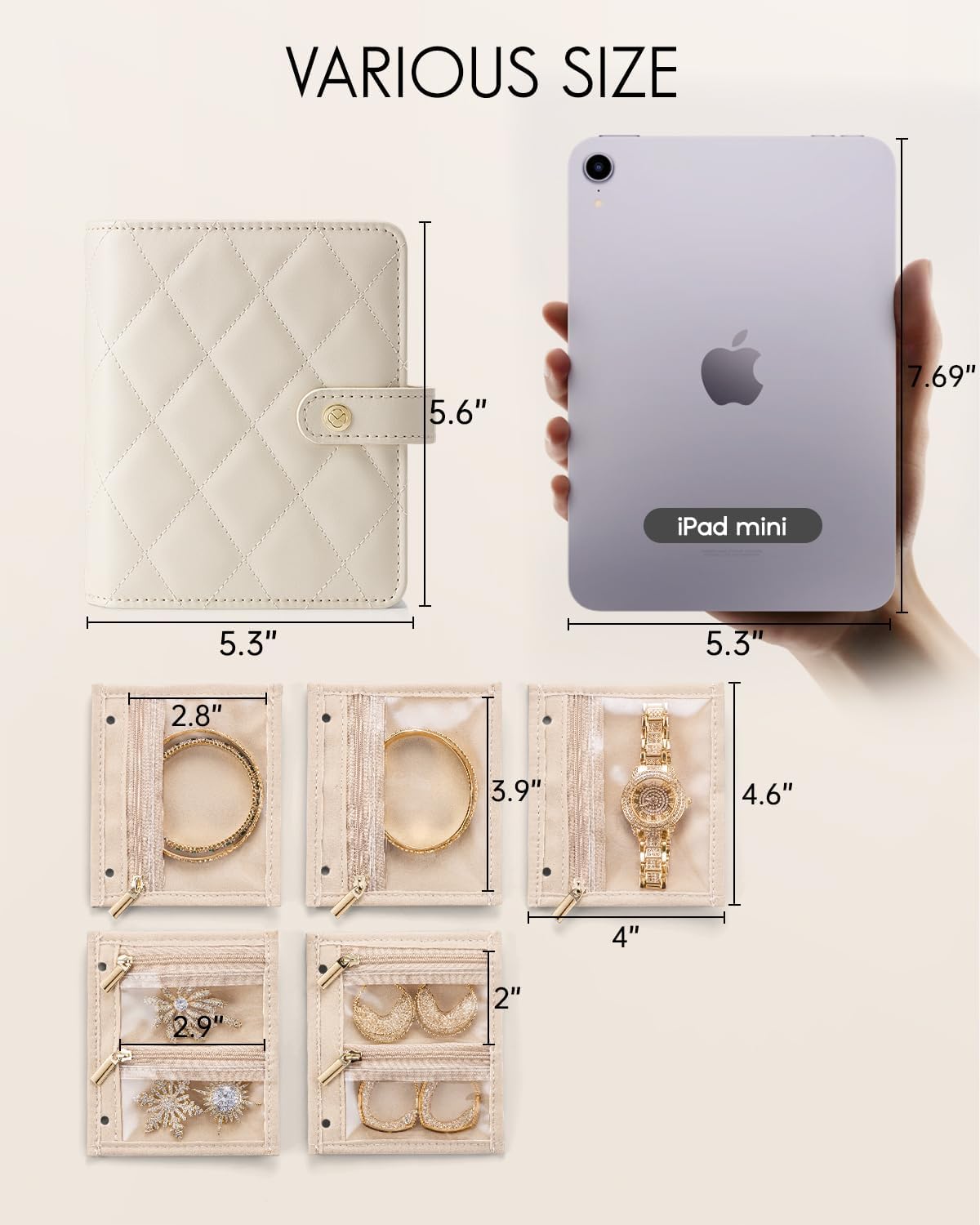Travel Jewelry Organizer Case,Valentines Gift,Jewelry Storage Book Ring Binder with Clear Zipper Velvet Jewelry Pouches Bags for Rings,Necklace,Earrings-Cream White
