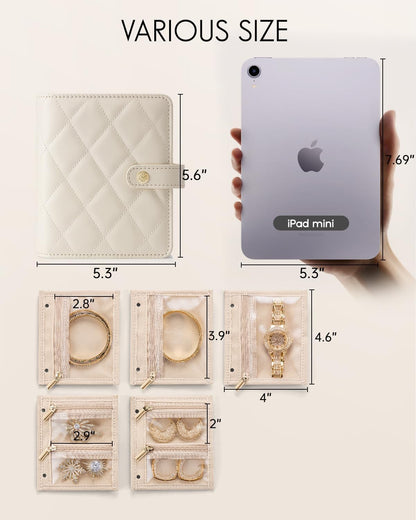 Travel Jewelry Organizer Case,Valentines Gift,Jewelry Storage Book Ring Binder with Clear Zipper Velvet Jewelry Pouches Bags for Rings,Necklace,Earrings-Cream White