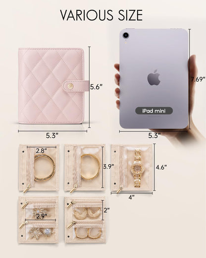 Travel Jewelry Organizer Case,Valentines Gift,Jewelry Storage Book Ring Binder with Clear Zipper Velvet Jewelry Pouches Bags for Rings,Necklace,Earrings-Cream White
