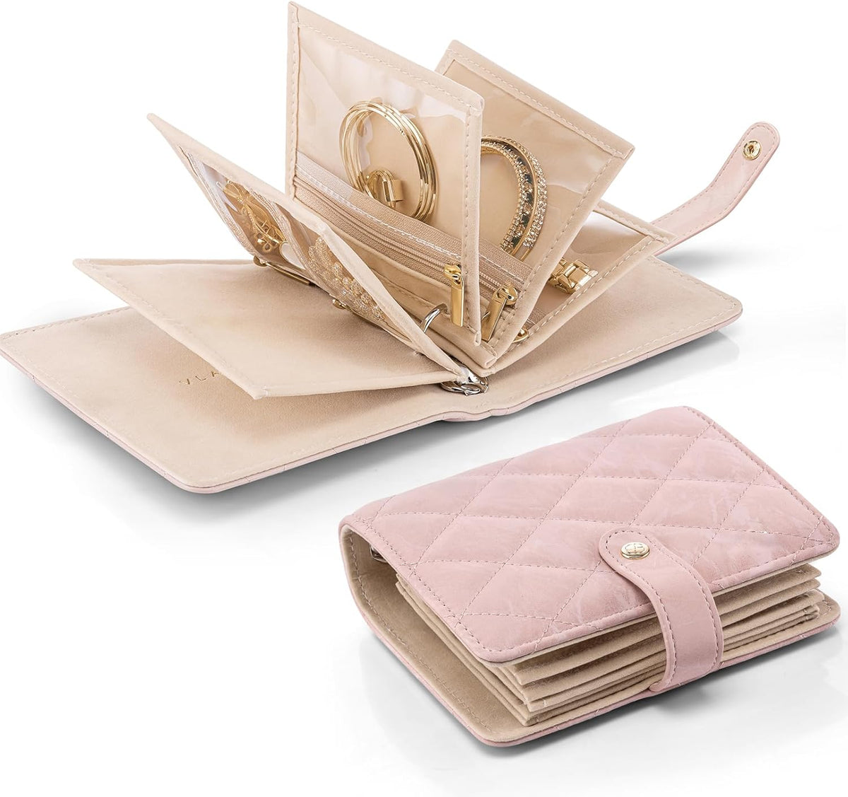 Travel Jewelry Organizer Case,Valentines Gift,Jewelry Storage Book Ring Binder with Clear Zipper Velvet Jewelry Pouches Bags for Rings,Necklace,Earrings-Cream White