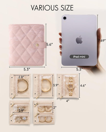 Travel Jewelry Organizer Case,Valentines Gift,Jewelry Storage Book Ring Binder with Clear Zipper Velvet Jewelry Pouches Bags for Rings,Necklace,Earrings-Cream White