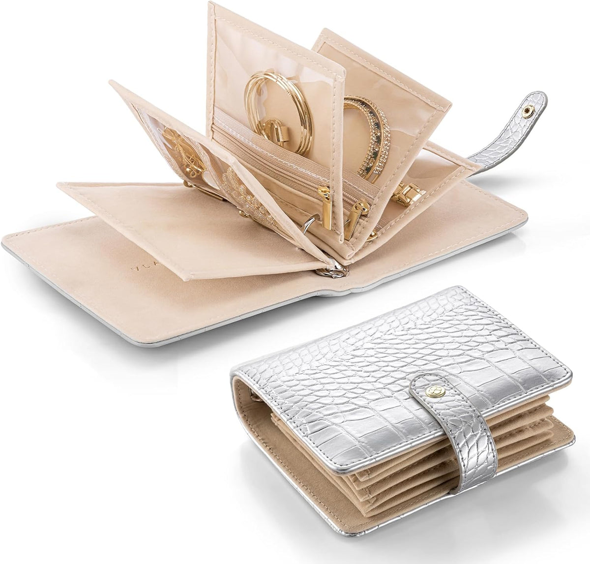 Travel Jewelry Organizer Case,Valentines Gift,Jewelry Storage Book Ring Binder with Clear Zipper Velvet Jewelry Pouches Bags for Rings,Necklace,Earrings-Cream White