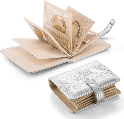 Travel Jewelry Organizer Case,Valentines Gift,Jewelry Storage Book Ring Binder with Clear Zipper Velvet Jewelry Pouches Bags for Rings,Necklace,Earrings-Cream White