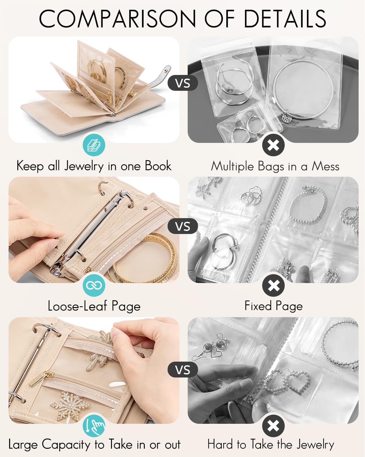 Travel Jewelry Organizer Case,Valentines Gift,Jewelry Storage Book Ring Binder with Clear Zipper Velvet Jewelry Pouches Bags for Rings,Necklace,Earrings-Cream White