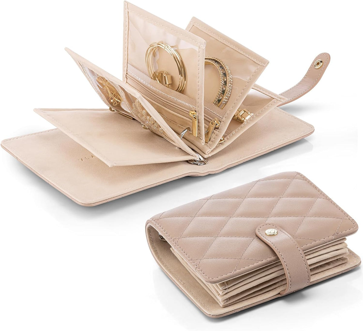 Travel Jewelry Organizer Case,Valentines Gift,Jewelry Storage Book Ring Binder with Clear Zipper Velvet Jewelry Pouches Bags for Rings,Necklace,Earrings-Cream White