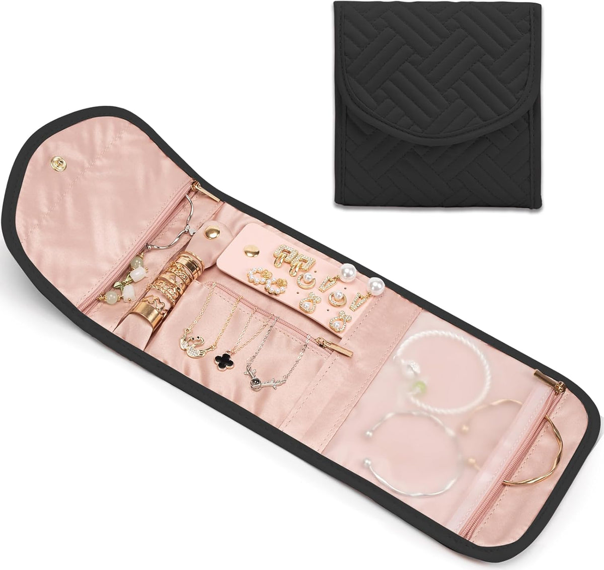 Travel Jewelry Organizer Bag Anti-Tangle Foldable Small Jewelry Roll Travel Case Accessory for Necklaces, Earrings, Rings, Bracelets, Watches, Pink