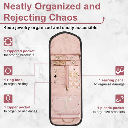 Travel Jewelry Organizer Bag Anti-Tangle Foldable Small Jewelry Roll Travel Case Accessory for Necklaces, Earrings, Rings, Bracelets, Watches, Pink