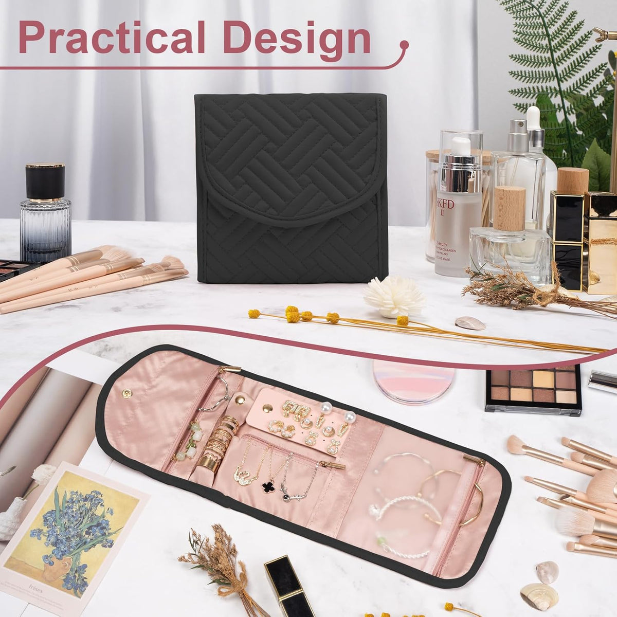 Travel Jewelry Organizer Bag Anti-Tangle Foldable Small Jewelry Roll Travel Case Accessory for Necklaces, Earrings, Rings, Bracelets, Watches, Pink