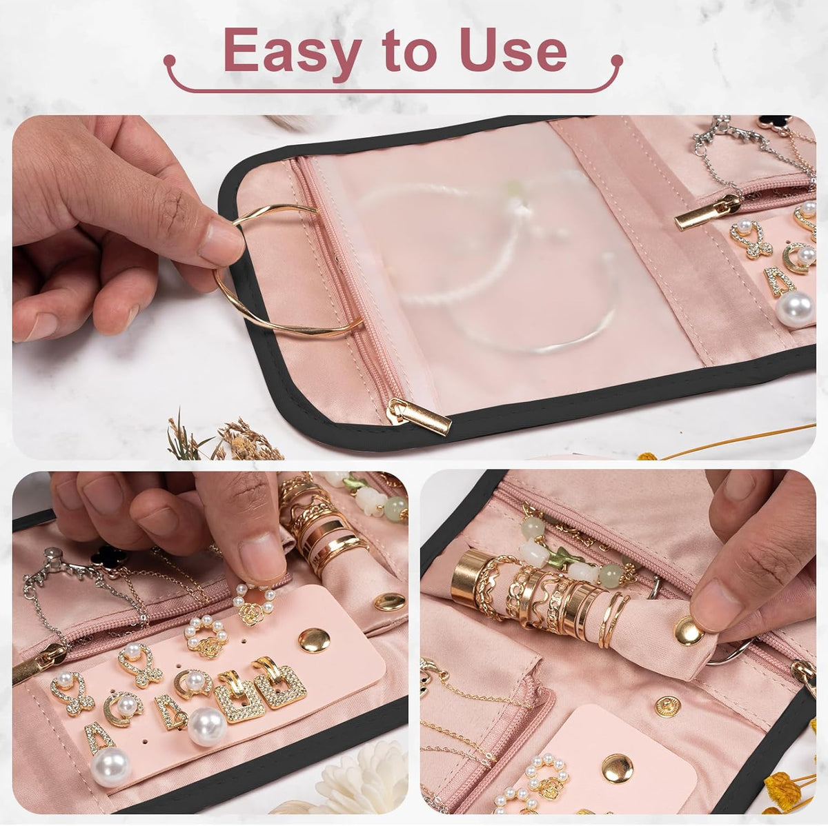 Travel Jewelry Organizer Bag Anti-Tangle Foldable Small Jewelry Roll Travel Case Accessory for Necklaces, Earrings, Rings, Bracelets, Watches, Pink