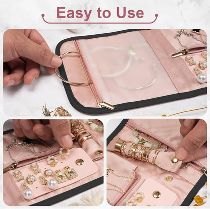 Travel Jewelry Organizer Bag Anti-Tangle Foldable Small Jewelry Roll Travel Case Accessory for Necklaces, Earrings, Rings, Bracelets, Watches, Pink