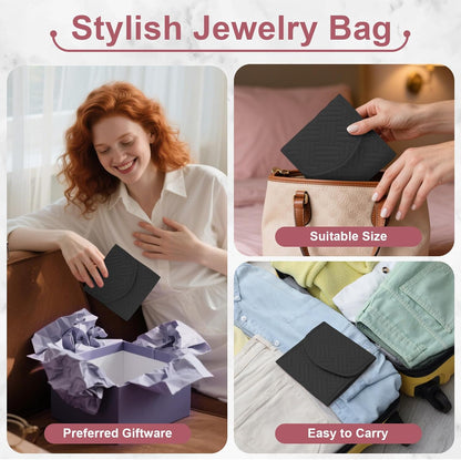 Travel Jewelry Organizer Bag Anti-Tangle Foldable Small Jewelry Roll Travel Case Accessory for Necklaces, Earrings, Rings, Bracelets, Watches, Pink