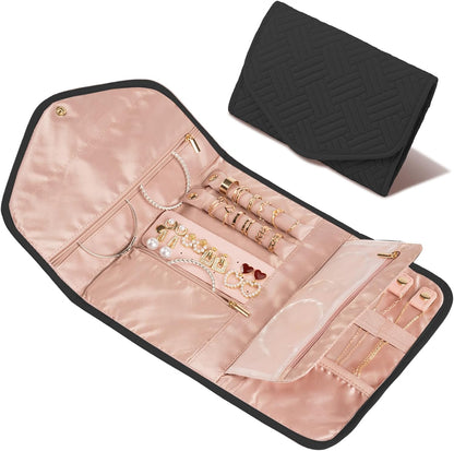 Travel Jewelry Organizer Bag Anti-Tangle Foldable Small Jewelry Roll Travel Case Accessory for Necklaces, Earrings, Rings, Bracelets, Watches, Pink