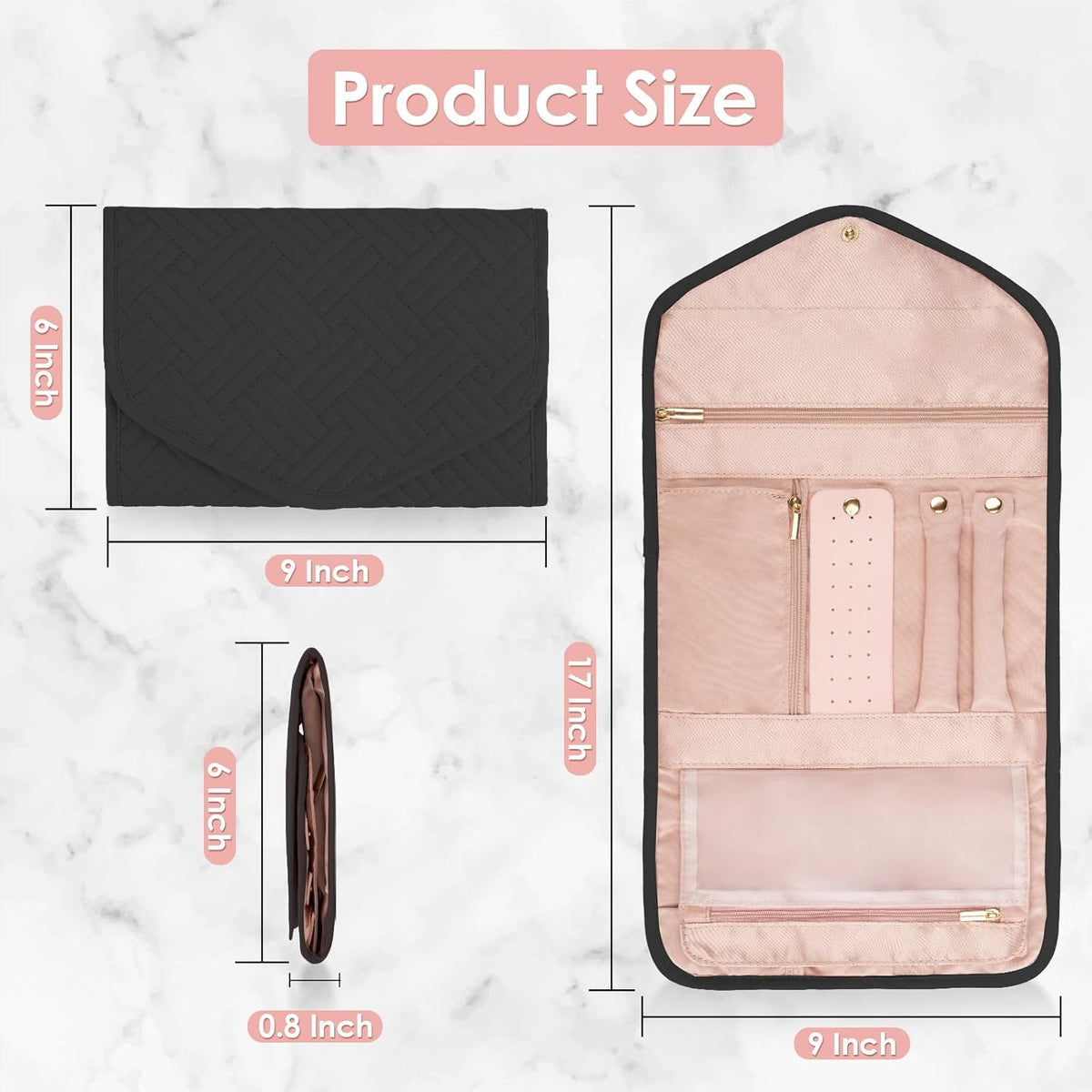 Travel Jewelry Organizer Bag Anti-Tangle Foldable Small Jewelry Roll Travel Case Accessory for Necklaces, Earrings, Rings, Bracelets, Watches, Pink