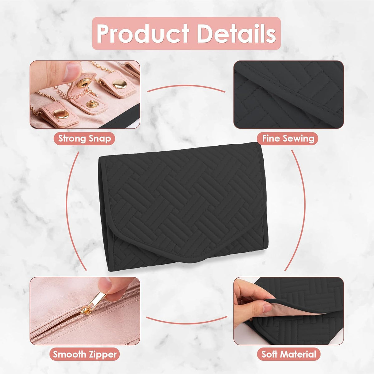 Travel Jewelry Organizer Bag Anti-Tangle Foldable Small Jewelry Roll Travel Case Accessory for Necklaces, Earrings, Rings, Bracelets, Watches, Pink