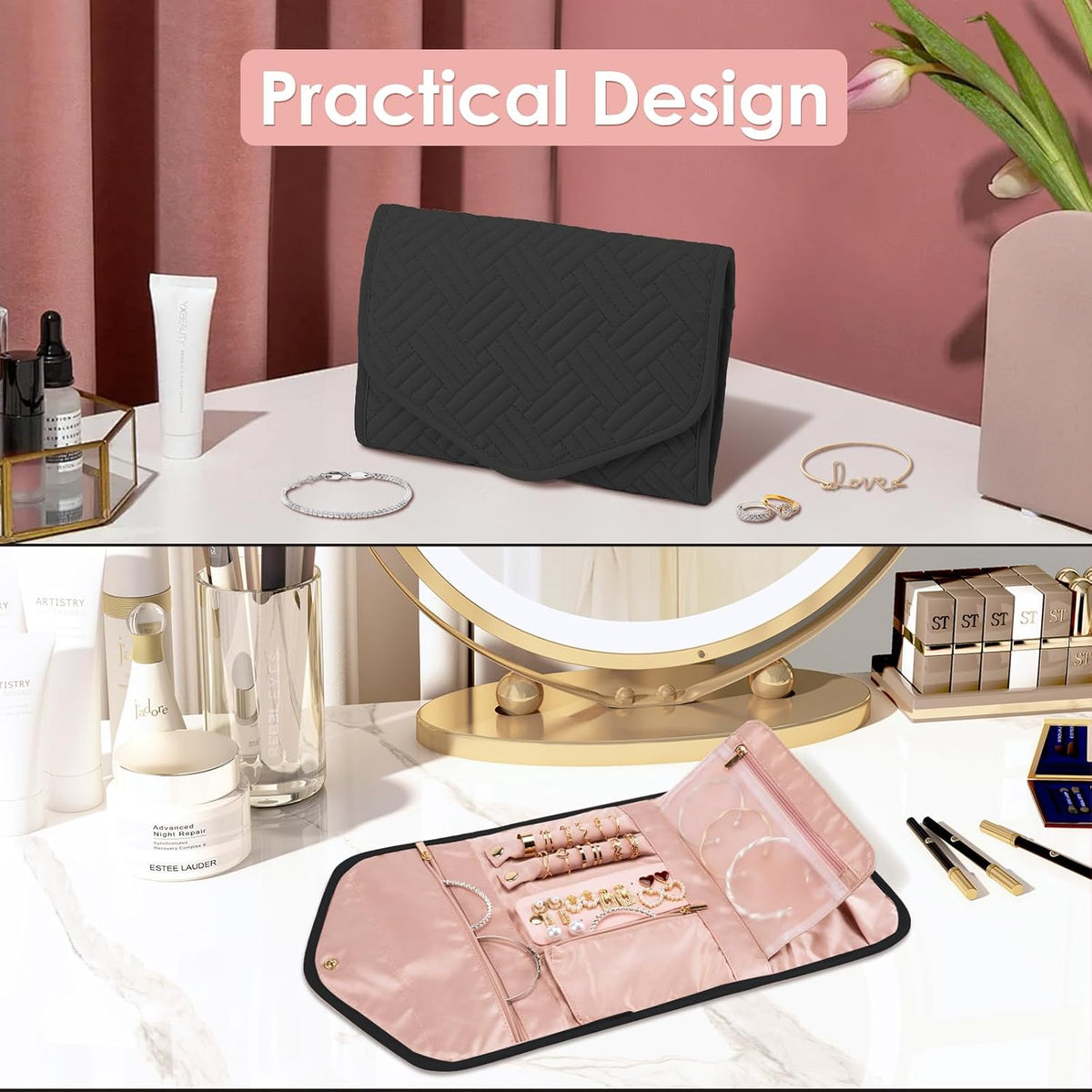 Travel Jewelry Organizer Bag Anti-Tangle Foldable Small Jewelry Roll Travel Case Accessory for Necklaces, Earrings, Rings, Bracelets, Watches, Pink