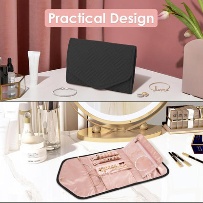 Travel Jewelry Organizer Bag Anti-Tangle Foldable Small Jewelry Roll Travel Case Accessory for Necklaces, Earrings, Rings, Bracelets, Watches, Pink