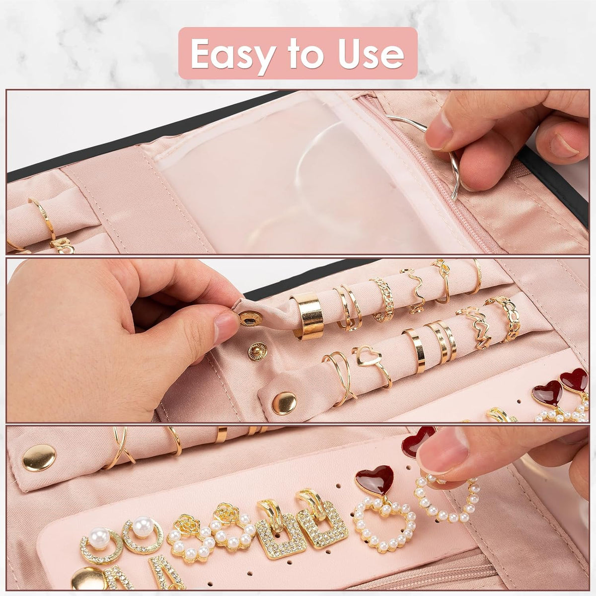 Travel Jewelry Organizer Bag Anti-Tangle Foldable Small Jewelry Roll Travel Case Accessory for Necklaces, Earrings, Rings, Bracelets, Watches, Pink