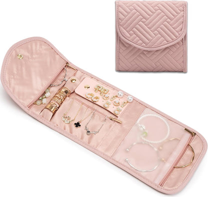 Travel Jewelry Organizer Bag Anti-Tangle Foldable Small Jewelry Roll Travel Case Accessory for Necklaces, Earrings, Rings, Bracelets, Watches, Pink