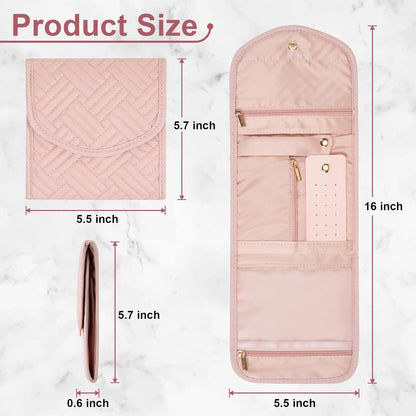 Travel Jewelry Organizer Bag Anti-Tangle Foldable Small Jewelry Roll Travel Case Accessory for Necklaces, Earrings, Rings, Bracelets, Watches, Pink