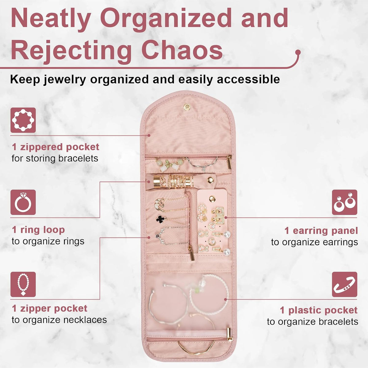 Travel Jewelry Organizer Bag Anti-Tangle Foldable Small Jewelry Roll Travel Case Accessory for Necklaces, Earrings, Rings, Bracelets, Watches, Pink