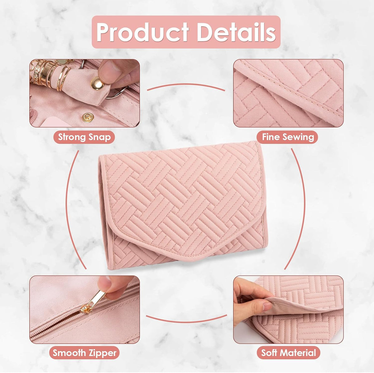 Travel Jewelry Organizer Bag Anti-Tangle Foldable Small Jewelry Roll Travel Case Accessory for Necklaces, Earrings, Rings, Bracelets, Watches, Pink