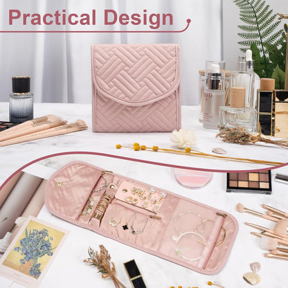 Travel Jewelry Organizer Bag Anti-Tangle Foldable Small Jewelry Roll Travel Case Accessory for Necklaces, Earrings, Rings, Bracelets, Watches, Pink