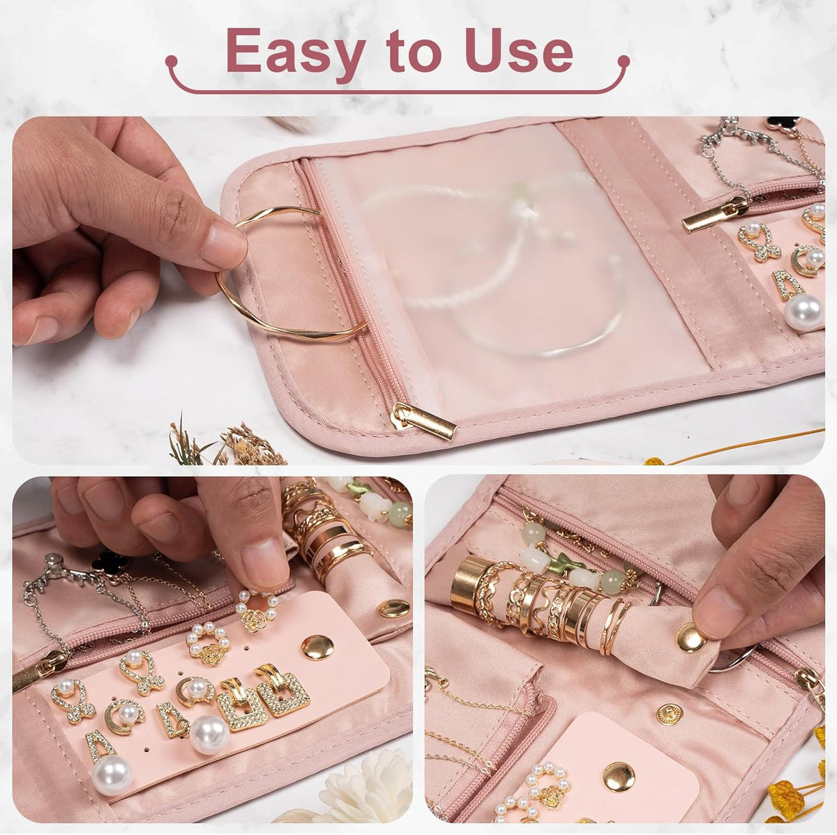 Travel Jewelry Organizer Bag Anti-Tangle Foldable Small Jewelry Roll Travel Case Accessory for Necklaces, Earrings, Rings, Bracelets, Watches, Pink