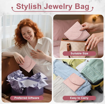 Travel Jewelry Organizer Bag Anti-Tangle Foldable Small Jewelry Roll Travel Case Accessory for Necklaces, Earrings, Rings, Bracelets, Watches, Pink