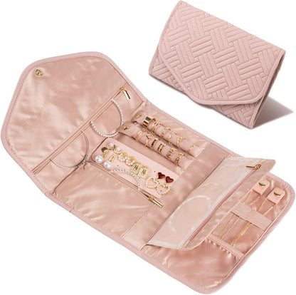 Travel Jewelry Organizer Bag Anti-Tangle Foldable Small Jewelry Roll Travel Case Accessory for Necklaces, Earrings, Rings, Bracelets, Watches, Pink