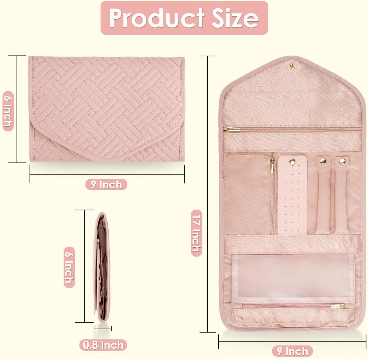 Travel Jewelry Organizer Bag Anti-Tangle Foldable Small Jewelry Roll Travel Case Accessory for Necklaces, Earrings, Rings, Bracelets, Watches, Pink