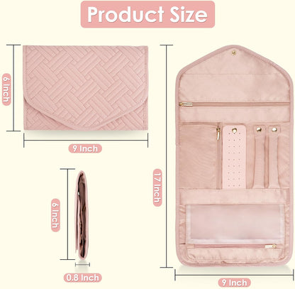 Travel Jewelry Organizer Bag Anti-Tangle Foldable Small Jewelry Roll Travel Case Accessory for Necklaces, Earrings, Rings, Bracelets, Watches, Pink