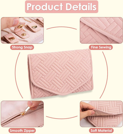 Travel Jewelry Organizer Bag Anti-Tangle Foldable Small Jewelry Roll Travel Case Accessory for Necklaces, Earrings, Rings, Bracelets, Watches, Pink