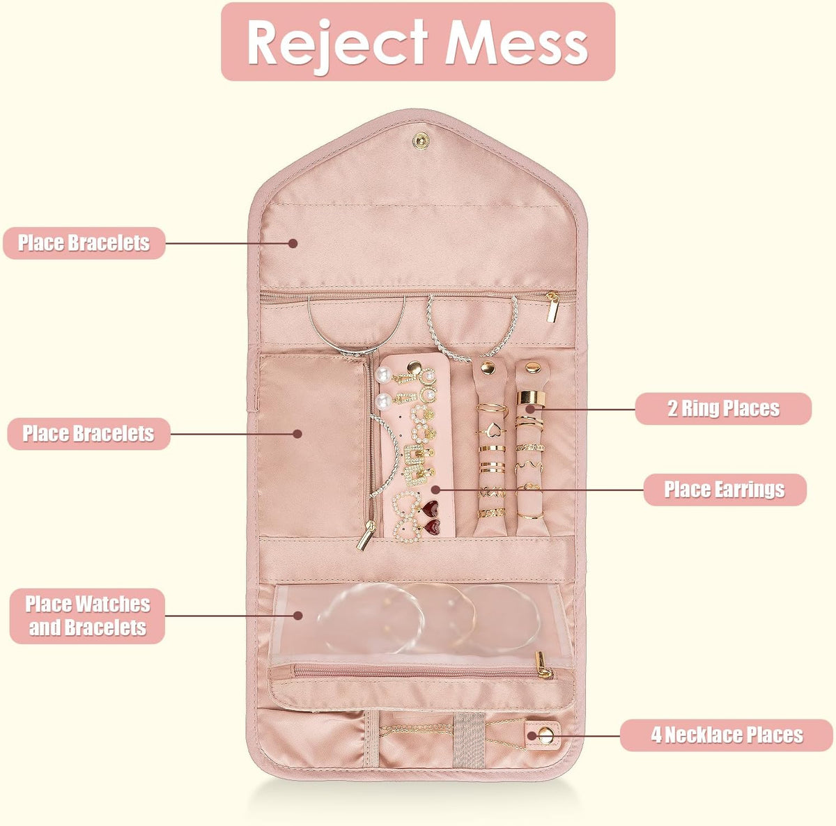 Travel Jewelry Organizer Bag Anti-Tangle Foldable Small Jewelry Roll Travel Case Accessory for Necklaces, Earrings, Rings, Bracelets, Watches, Pink