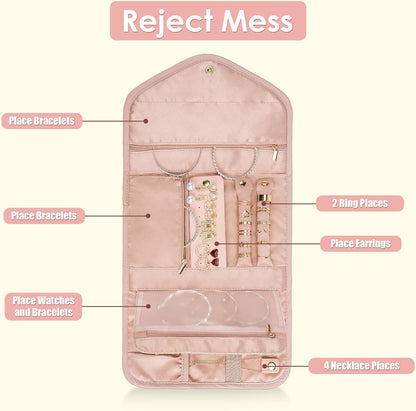 Travel Jewelry Organizer Bag Anti-Tangle Foldable Small Jewelry Roll Travel Case Accessory for Necklaces, Earrings, Rings, Bracelets, Watches, Pink