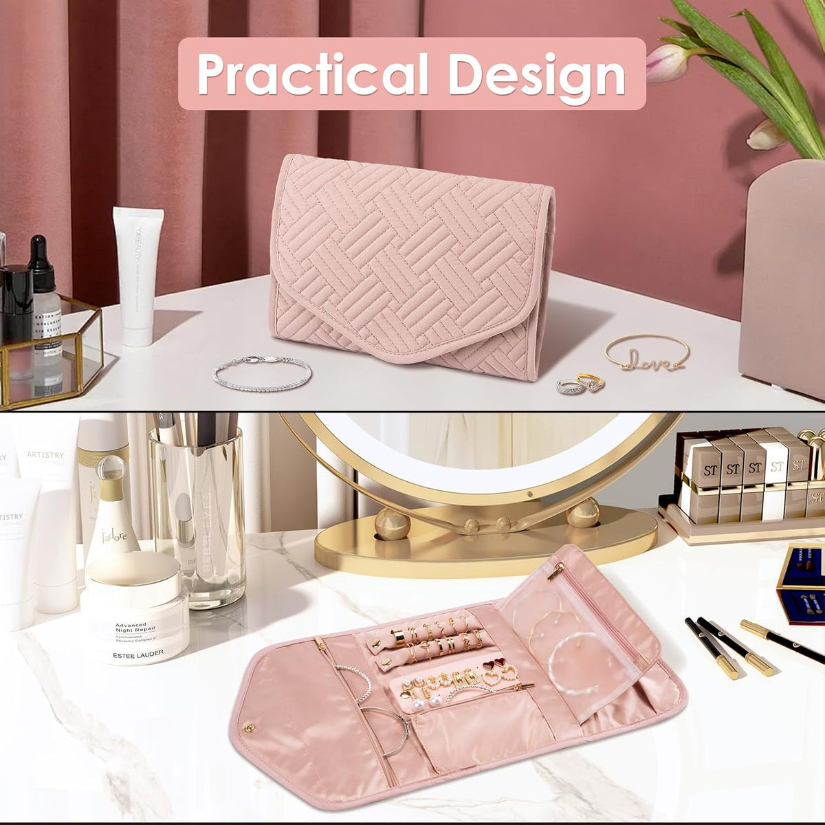 Travel Jewelry Organizer Bag Anti-Tangle Foldable Small Jewelry Roll Travel Case Accessory for Necklaces, Earrings, Rings, Bracelets, Watches, Pink
